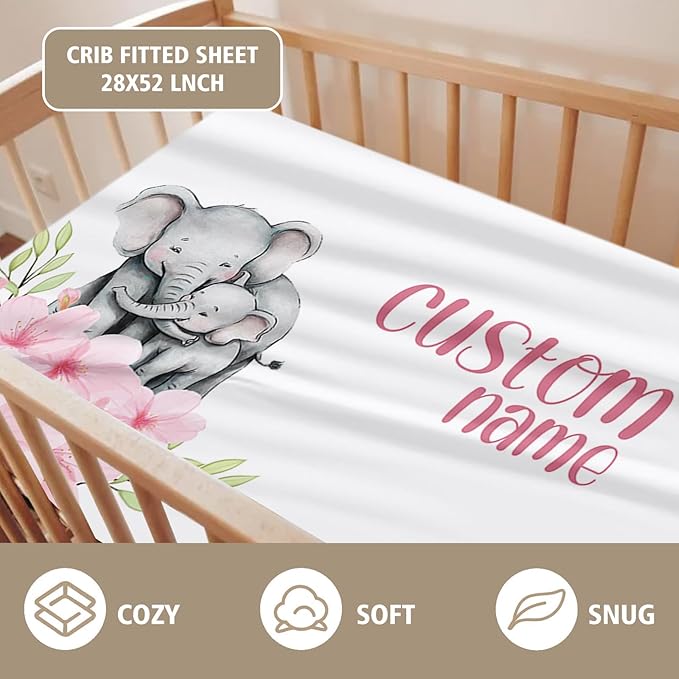 Custom Name Crib Bedding Set 3-Piece – Pink Flower Elephant Design Baby Bedding Set with Personalized Soft Blanket, Fitted Sheet, Changing Pad Cover – Ideal Newborn Gift for Boys and Girls