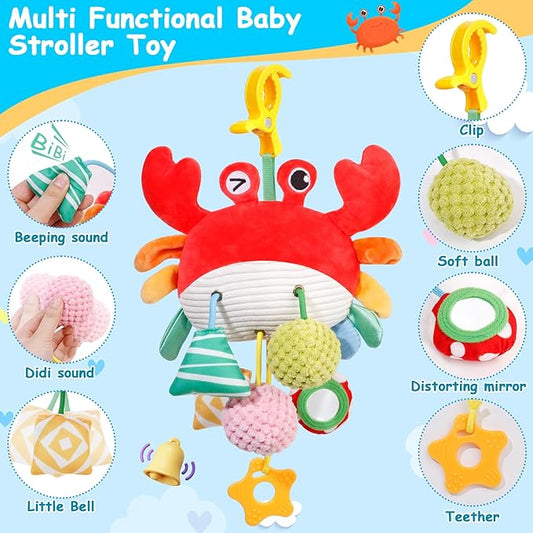 Car Seat & Stroller Toys for Babies 0-6 Months, Crab Baby Car Seat Toys for Boys Girls, Infant Newborn Stroller Toys with Beep, Mirror, Small Bell, Baby Teether, and Soft Ball for Ages 0 Months and Up
