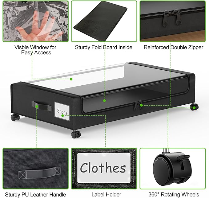 Molutsody Under Bed Storage with Wheels, 2-Pack Underbed Storage Containers with Clear Lids, Under Bed Shoe Storage Organizer, Rolling Under the Bed Storage Bins for Clothes Shoes Blankets (Black)