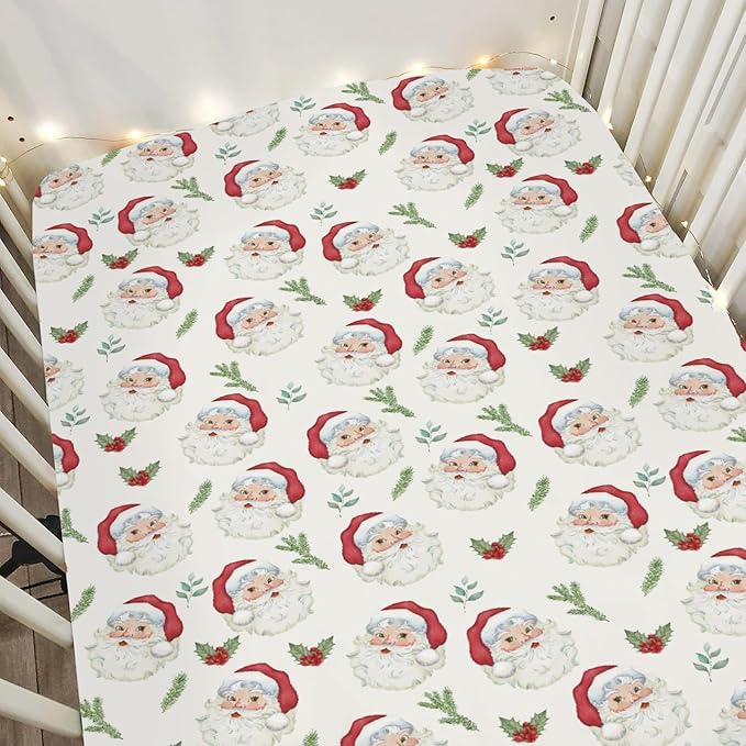 Christmas Santa Claus Baby Crib Sheets for Boy Girl 52"x28" Retro Santa Cherry Fir Leaves Soft Snug Fitted Crib Mattress Cover Winter Holiday Nursery Baby Sheet for Crib & Toddler Bed Mattresses