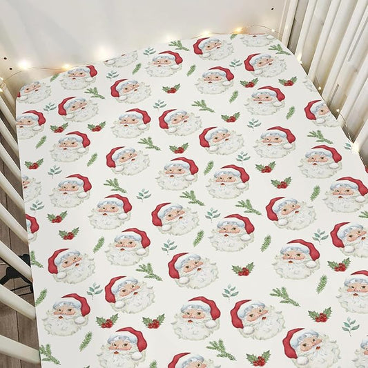 Christmas Santa Claus Baby Crib Sheets for Boy Girl 52"x28" Retro Santa Cherry Fir Leaves Soft Snug Fitted Crib Mattress Cover Winter Holiday Nursery Baby Sheet for Crib & Toddler Bed Mattresses