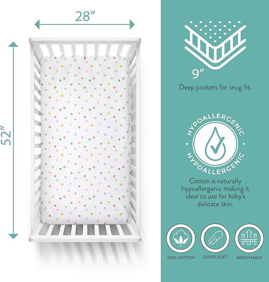 Featherhead™ 2-Pack Fitted Crib Sheets - 100% Cotton - 52" x 28" x 9" for Standard Crib and Toddler Mattress (Jersey Pink Polka)