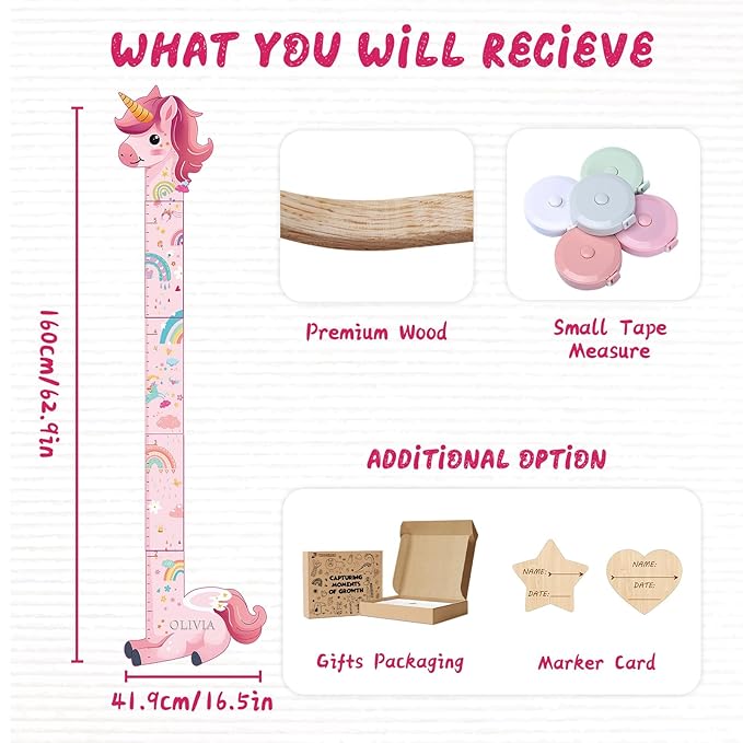 Woodemon Personalized Name Growth Chart for Kids, Unicorn Wooden Wall Decor Growth Chart, Wall Decor for Kids Room, Wooden Growth Chart for Wall and Nursery Medical Office Toddler Playroom