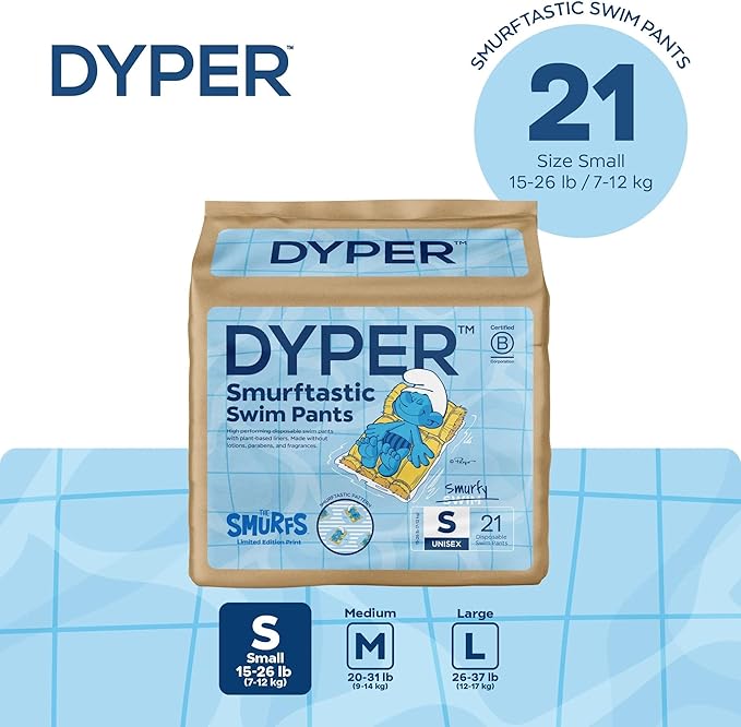 DYPER Smurftastic Baby Swim Diapers (21 Count), Hypoallergenic Plant-Based Baby Swim Diaper | Eco-Friendly & Absorbent Swimming Diapers for Babies, Size S