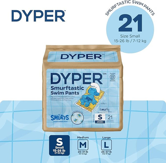 DYPER Smurftastic Baby Swim Diapers (21 Count), Hypoallergenic Plant-Based Baby Swim Diaper | Eco-Friendly & Absorbent Swimming Diapers for Babies, Size S