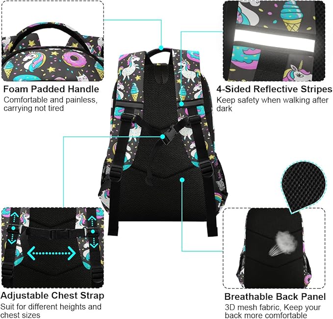 MNSRUU School Backpack with Chest Strap, Rainbow And Unicorns Laptop Backpack, Travel Hiking Backpack for Boys Girls, Rucksack, Knapsack