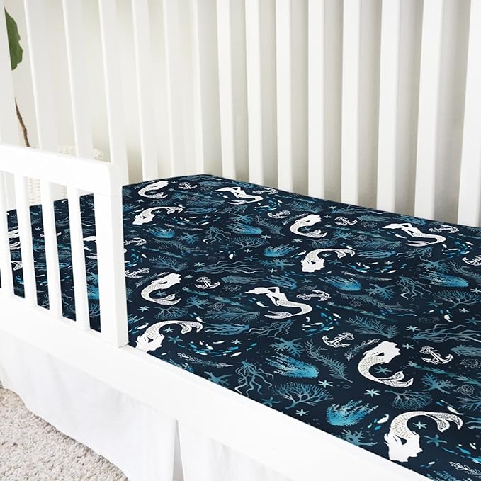 Undersea Mermaids Baby Crib Sheet 52''x28'' Ocean Sea Animal Fish Starfish Corals Anchor Stretchy Fitted Crib Mattress Cover for Boy Girl Nautical Soft Bed Sheets for Standard Crib Toddler Mattress