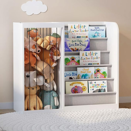 HedoAjim White Kids Bookshelf & Stuffed Animal Net Holder Plush Toy Storage Organizer Child Bookcase Toddler Baby Sling Book Rack for Playroom Bedroom Nursery Infant Boys Girls Classroom