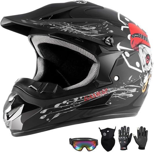 Youth Kids Dirt Bike Motocross Helmet (Goggles Gloves Face Mask) 4PCS Set, DOT Approved Boys Full Face Motorcycle Helmets,ATV BMX MX Mountain Bike Off Road Kid Helmet (Black Skull, L)