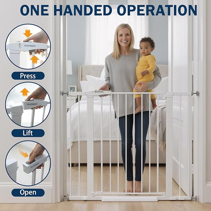 Baby Gate with Door, 26-40" Auto Close Dog Gate Indoor for Stairs Doorways, Easy Install Pressure Mounted Pet Gate, Easy Walk Through Child Safety Gate for The House, White