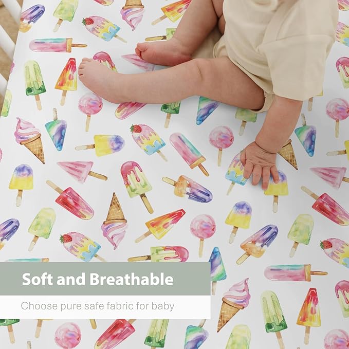Watercolor Fruit Ice Cream Baby Crib Sheets for Boy Girl 52x28Inch Dessert Sweets Soft Stretchy Fitted Crib Mattress Cover Colourful Summer Nursery Baby Sheet for Crib and Toddler Bed Mattresses