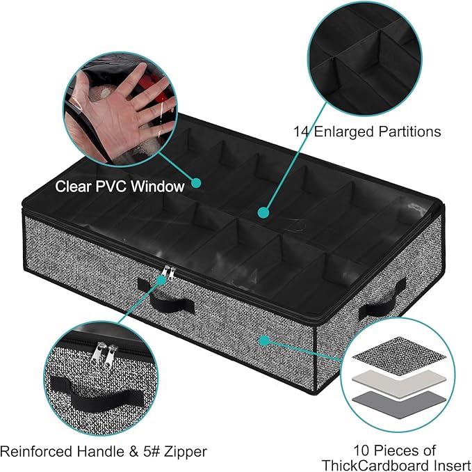 Meerainy Under Bed Shoe Storage Organizer for Closet 2 Pack- Fits 28 Pairs Underbed Shoes Container Boxes with 2 Sturdy Handles and Clear Window Black