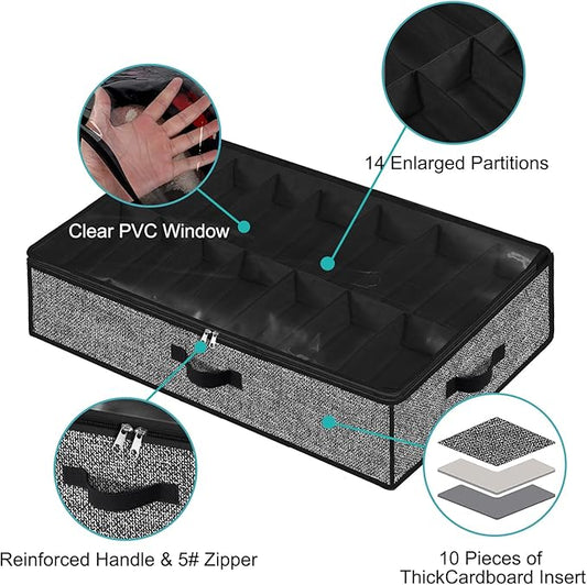 Meerainy Under Bed Shoe Storage Organizer for Closet 2 Pack- Fits 28 Pairs Underbed Shoes Container Boxes with 2 Sturdy Handles and Clear Window Black
