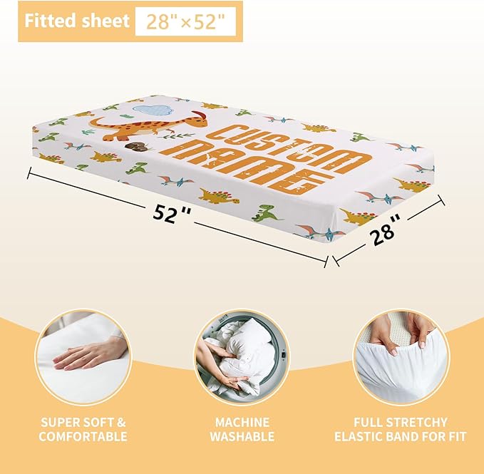 Custom Baby Bedding Set, 3 Pcs Personalized Name Crib Bedding Set for Nursery, Soft Double Layer Baby Crib Set for Boy Girl, Customized Gifts for New Parents Infants Toddlers, Green Dinosaur
