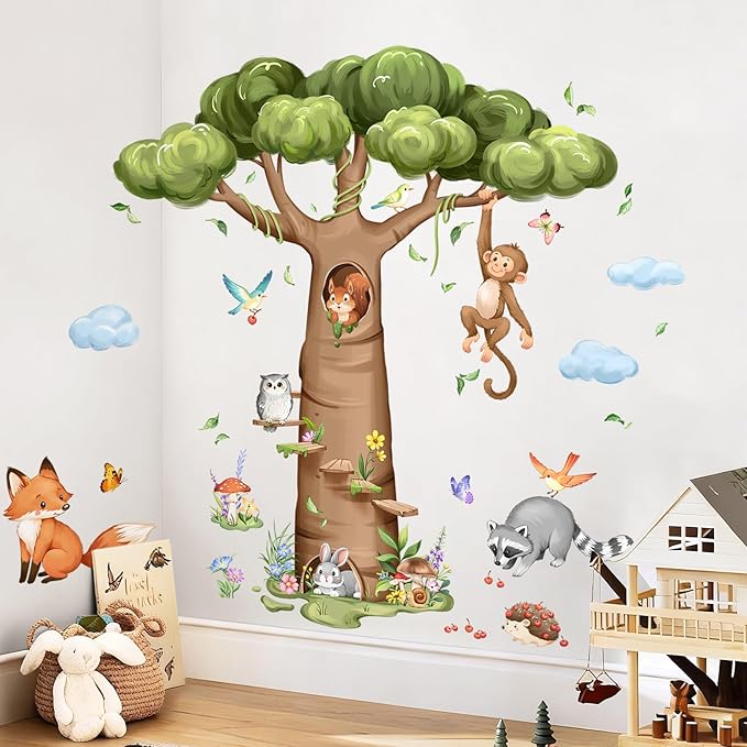 Tanlaby Woodland Animal Tree Wall Decals Rabbit Fox Monkey Baobab Tree Wall Stickers Peel and Stick Art Decor for Baby Nursery Kids Bedroom Toddler Room Decor, 38in H