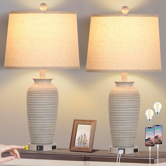CINSARY 25" Farmhouse Jar Table Lamps Set of 2, 3 Way Touch Control Rustic Bedside Lamps with USB A+C Ports & AC Outlet, Pot Nightstand Lamps for Bedroom Living Room (LED Bulbs Included)