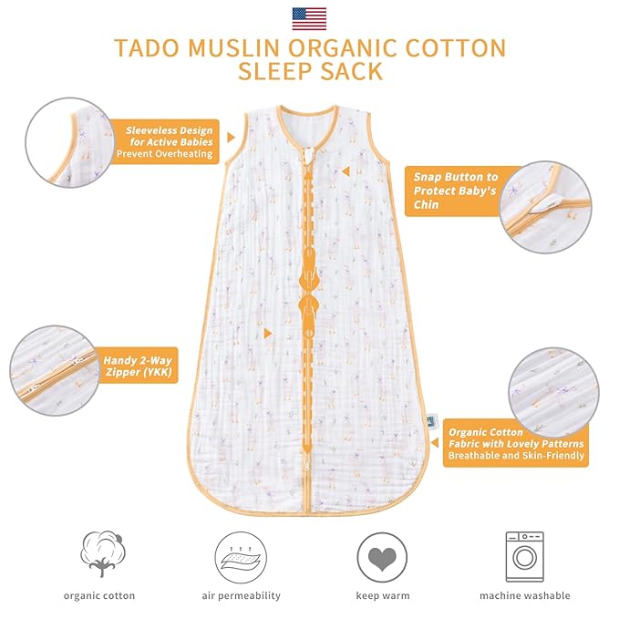 Baby Sleep Sack 2-4 T Baby Wearable Blanket 100% Organic Cotton 0.5 TOG Toddler Sleep Sacks 2- Way Zipper Soft 4 Layers Muslin 2T 3T 4T Goose Yellow