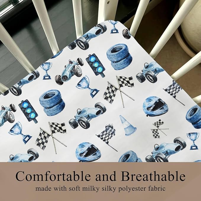 Cute Race Car Flag Baby Crib Sheets for Boy Girl 28x52 Inch Breathable Blue Races Vehicle Trophy Traffic Light Vehicles Fitted Crib Mattress Cover for Standard Crib and Toddler Mattress Car One Size