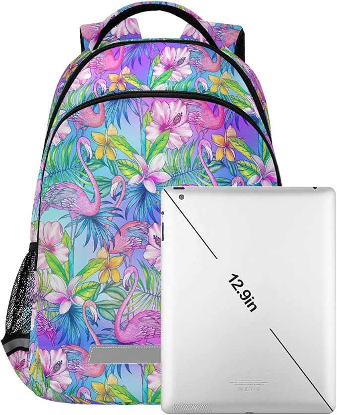 MNSRUU School Backpack with Chest Strap, Flamingo Tropical Bird Flower Laptop Backpack One Size