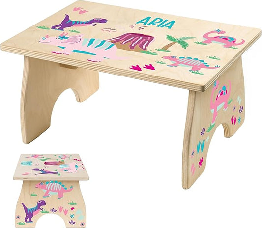 Dinosaur Step Stool for Toddler Girl - Personalized Wood Kids Step Stool with Name for Kitchen Sink, Bathroom, Potty Training, Toilet, Kitchen Sink- Made in USA by BloomOwl (Dinosaur- Girl)