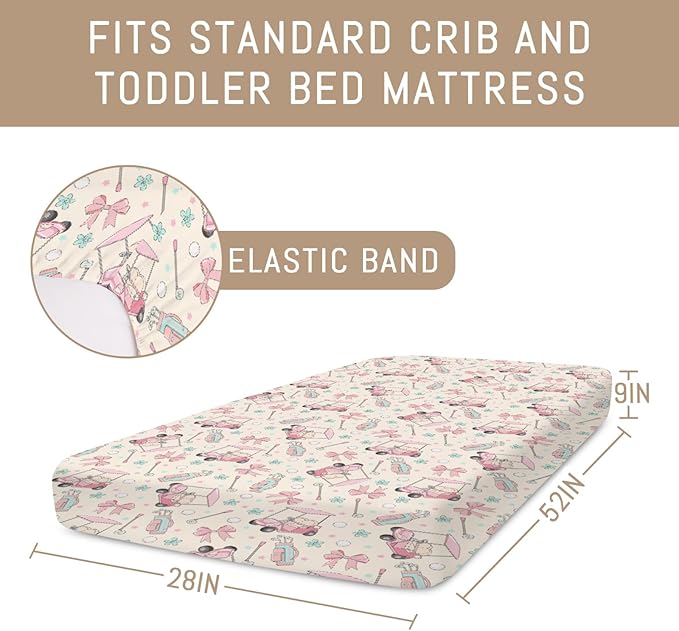 Girly Golf Stripes Bows Floral Baby Crib Sheets for Girls Pastel Pink Golfing Soft Snug Fitted Crib Mattress Covers for 52''x28'' Standard Crib & Toddler Mattress Preppy Girl Sports Nursery Bed Sheets