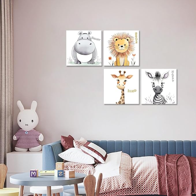 GLOKAKA Nursery Wall Decor Motivational Quotes Canvas Print Wall Art for Kids Bedroom Safari Animal Jungle Boy's Girl's Art Frame Cute Baby Room Decor Artwork Set of 4
