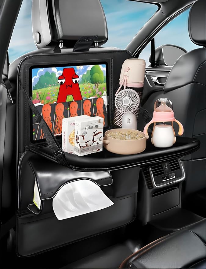 Drsvabze 1-Pack Leather Car Backseat Organizer with Tablet Holder–Foldable Food Tray,Storage Pockets,Trash Can,Tissue Holder & Insulated Bag–Kick Mats Protector for Kids,Travel Accessories Organizer