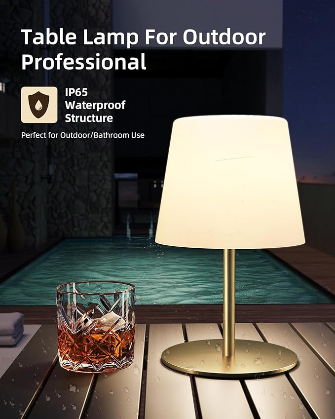 EZVALO Outdoor Cordless Table Lamp, IP65 Waterproof 4500mAh Rechargeble Shower Lamp, Dimmable Touch Lamp, LED Night Light Lamp for Bathroom Patio Camping Restaurant Home 1 Pack (Gold)