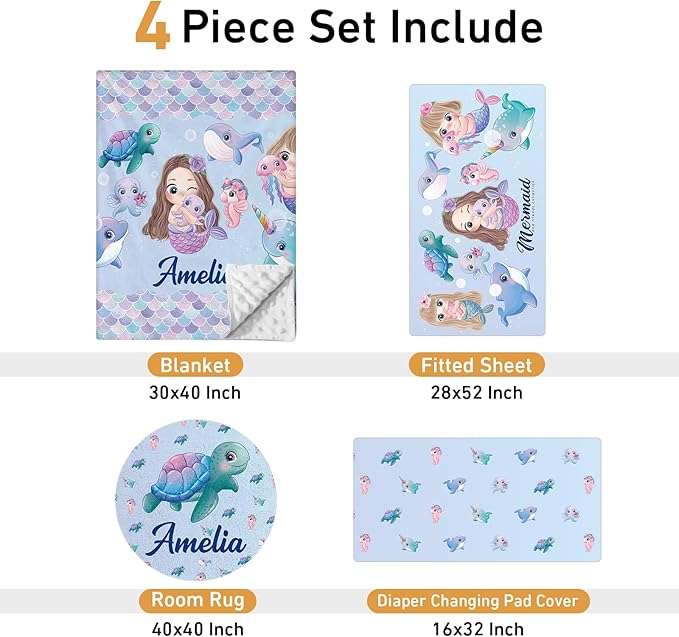 Personalized Crib Bedding Set - 4 Piece Custom Gift Ocean Animals Crib Bed Set with Name, Soft Double Layer Blanket Set for Infant Baby Girl, Nursery Bedding Set for Toddler Boys