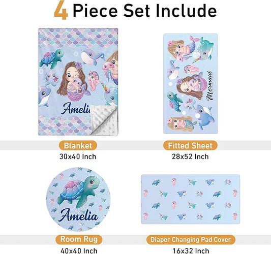 Personalized Crib Bedding Set - 4 Piece Custom Gift Ocean Animals Crib Bed Set with Name, Soft Double Layer Blanket Set for Infant Baby Girl, Nursery Bedding Set for Toddler Boys