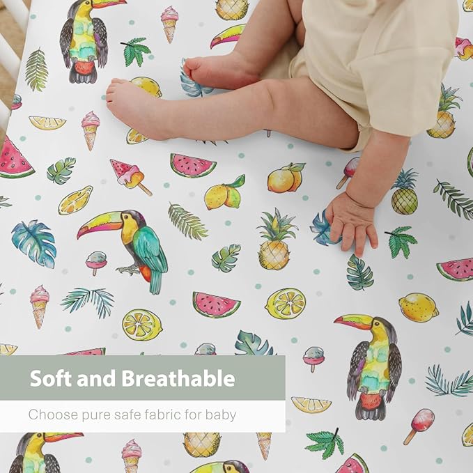 Toucan Tropical Flowers Leaves Baby Crib Sheets for Boy Girl 52"x28" Summer Birds Fruits Soft Snug Fitted Crib Mattress Cover Beach Vacation Baby Sheet for Standard Crib and Toddler Bed Mattresses