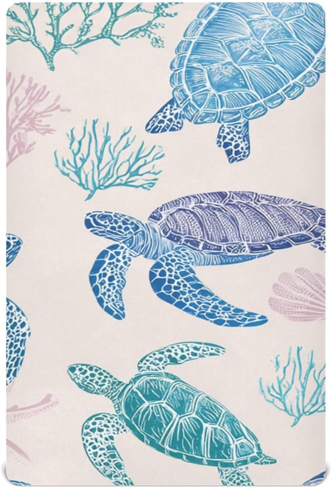Line Turtles Starfish and Coral Crib Sheets Standard Crib Toddler Mattresses Cover Fitted Baby Bed Sheet Breathable Crib Mattress Sheet for Girls Boys 52" x 28"x5''