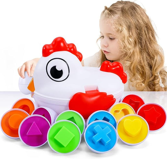 6 Pack Chicken Eggs Matching Game Toys for Toddlers, Colors & Shape Matching and Sorter, Preschool Sensory Fine Motor Skills Development Toy, Educational Gifts for Boys and Girls Aged 3-6