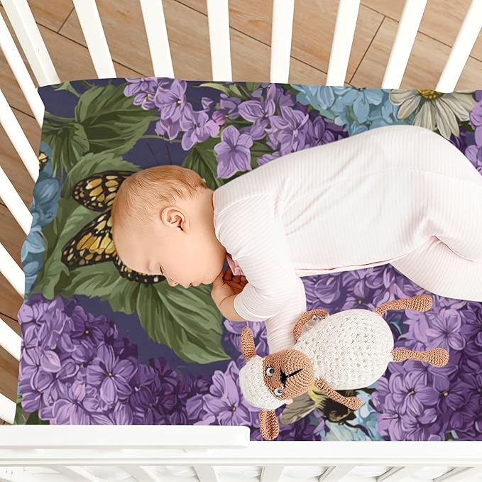 Lilac Hydrangea Crib Sheets Standard Crib Toddler Mattresses Cover Fitted Baby Bed Sheet Breathable Crib Mattress Sheet for Girls Boys 39''x27''x9''