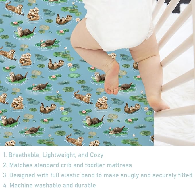 Cute Sea Otters Baby Crib Sheet - 52''x28'' Animal Snug Fitted Crib Mattress Cover for Boy & Girl - Watercolor Otters Pond Painting Soft Baby Bed Sheets for Standard Crib and Toddler Mattresses