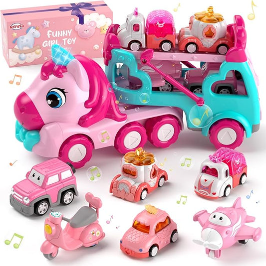 Truck Toys for 2+ 3+ Year Old Girls, 7-in-1 Carrier Truck Car for Toddler Girl, Cars Toys Age 2-4 with Light & Music, Birthday Gifts for 2 3 Year Old Girls