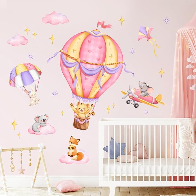 Tanlaby Pink Hot Air Balloon Wall Stickers Jungle Animals Fox Leopard Elephant Wall Decals Peel and Stick Art Decor for Baby Nursery Kids Bedroom Playroom Daycare Classroom