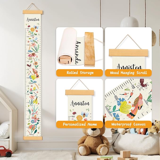 Woodemon Personalized Name Growth Chart for Wall, Flower Birds Canvas Height Chart for Kids Baby Child Toddler Boys Girls, Canvas&Wood Growth Chart for Wall Room Nursery Decor,Easy Care