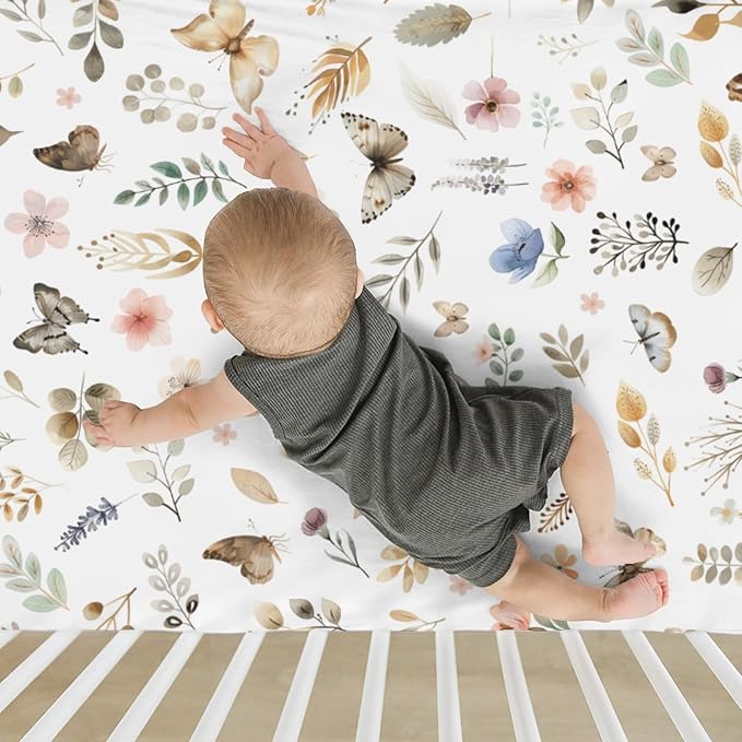 Botanic Gardens Baby Crib Sheets for Boy Girl 52"x28" Beige Floral Butterflies Soft Stretchy Fitted Crib Mattress Covers Boho Spring Wildflowers Leaves Baby Sheet for Crib and Toddler Bed Mattresses