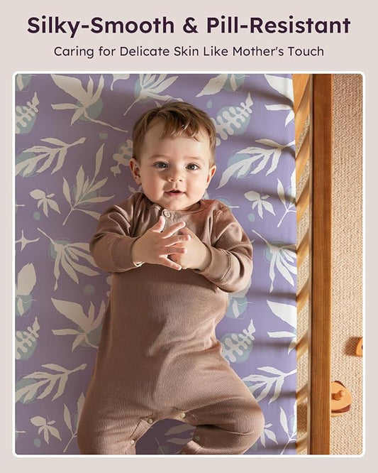 Pack and Play Sheets Fitted 3 Pack, Mini Crib Sheets for Pack N Play Mattress Stretchy Portable Playard Sheets, Soft Breathable Purple Leaf