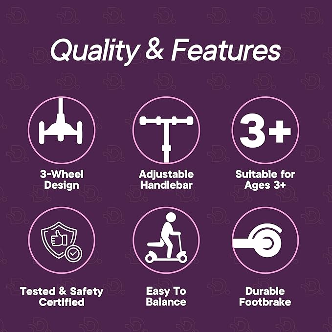 Pink and Purple 3 Wheel Scooter with Seat for Kids, Light-Up Wheels, Adjustable Lean to Steer Handlebar and Seat, Smooth Wheels, Wide No-Slip Deck, Rear Foot Brake, Toddler Outdoor Toys for Ages 2+