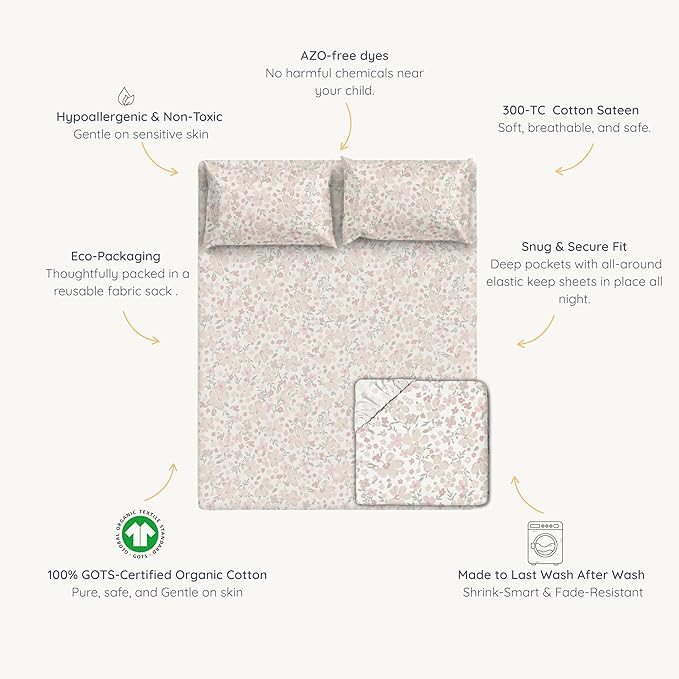 MakeMake Organics Organic Twin Fitted Sheet Set GOTS Certified Organic Cotton Fitted Sheet with 1 Pillowcase Ultra Soft Non Toxic Breathable Hypoallergenic (40"X76", Blossom)