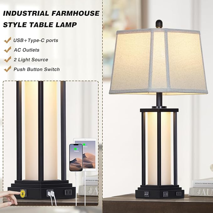 Cinkeda 27" Tall Vintage Table Lamp Set of 2 with USB C+A & Outlet,Black Industrial End Table Lamp for Living Room,Farmhouse Rustic Bedside Lamps with Bell Lampshades for Bedroom Nightstand,Black