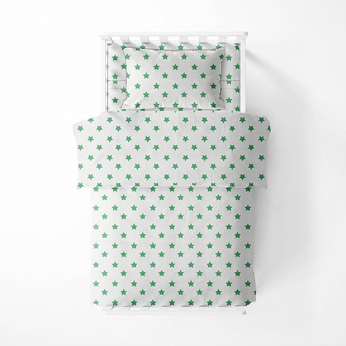 Bacati - Muslin Ikat Stars 4 Piece Neutral Toddler Bedding Set 100 Percent Cotton Includes Reversible Comforter, Fitted Sheet, Top Sheet, and Pillow Case (4 pc Toddler Bedding Set, Green Stars)