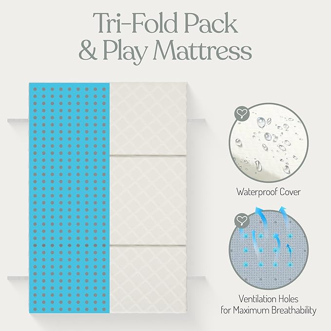 Sleepah Pack and Play Mattress Waterproof & Washable Cover Foldable Tri-Fold Pad 38 x 26 x 1.5 Pad for Babies and Toddlers Play Yards Mattresses Fits Most Playpens