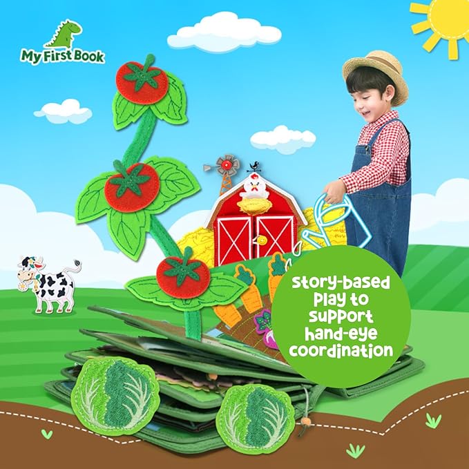 Montessori Busy Farm Book & Backpack Bundle, Interactive Quiet Book for Toddlers & Preschoolers, Educational Early Learning Travel Toy with Waterproof Backpack, Back-to-School Gift