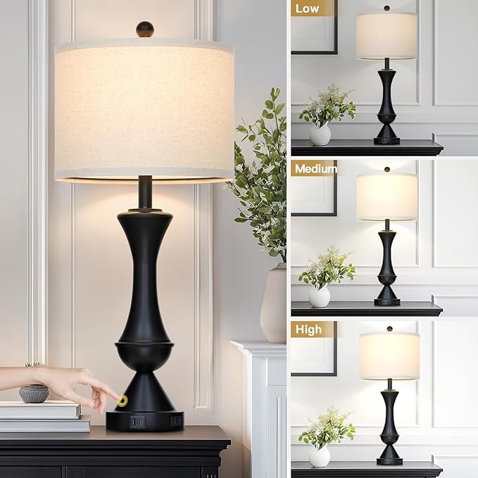 luxeflow 29" Black Tall Table Lamps for Living Room, Touch Control Bedroom Lamp with USB A+C Ports, 3-Way Dimmable Bedside Table Lamps Set of 2, Modern Metal Lamp for Nightstand