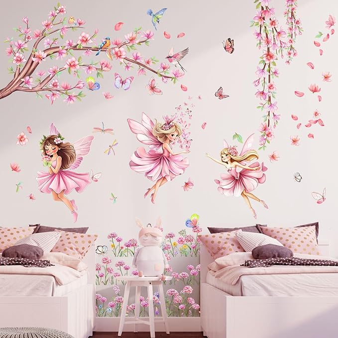 CharmFlo Pink Fairy Garden Wall Decals with Cherry Blossom Tree Floral Wall Stickers Peel and Stick Butterflies Birds DIY Wall Art for Girls Bedroom Baby Nursery Kids Room