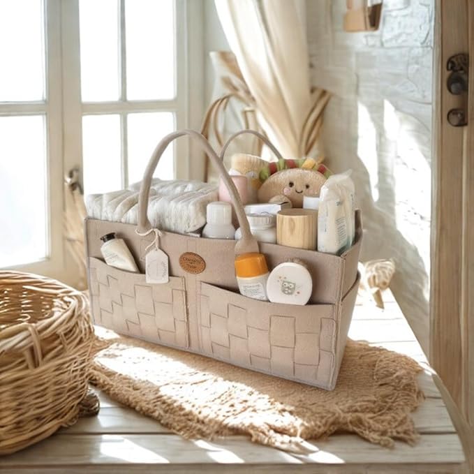 QGENUBA Baby Diaper Caddy Organizer for Nursery – Large Felt Storage Basket for Baby Essentials, Wipes & Diapers – Portable Nursery Organizer Bin for Changing Table or Living Room Beige