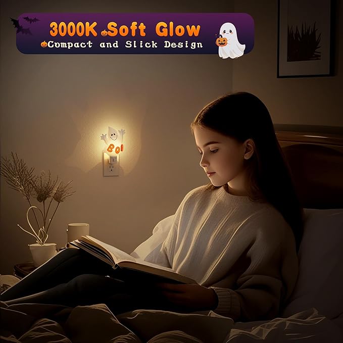 JandCase Halloween Night Light, 2 Pack 3000K Night Lights Plug into Wall,Cute & Funny Ghost Night Light for Kids,Plug in Ghost Nightlight with 360° Rotatable for Halloween Party Decor